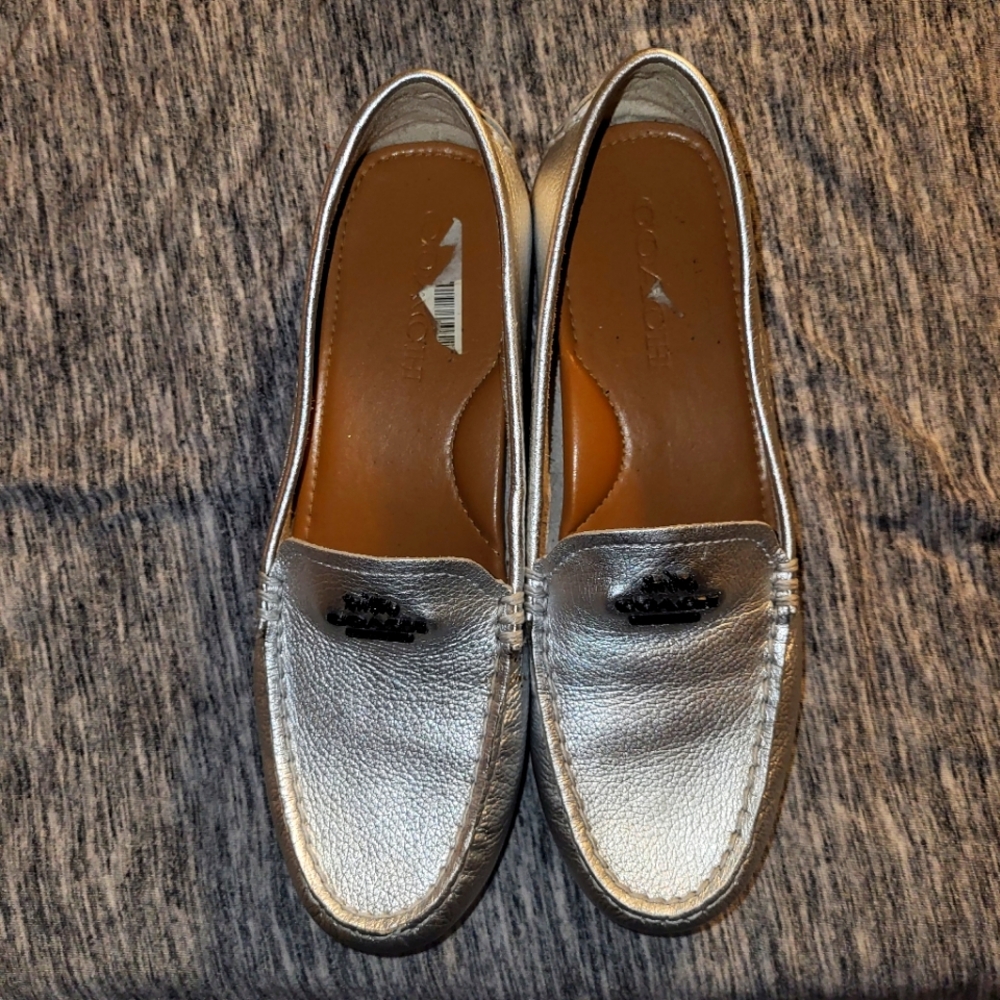Coach Metallic Leather Logo Slip-On Driver Loafers